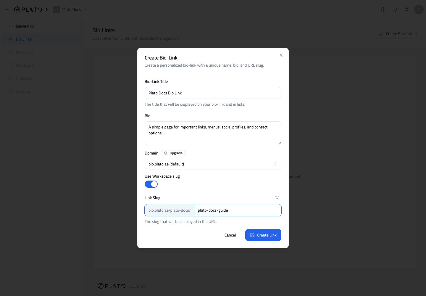 Create Bio Link dialog