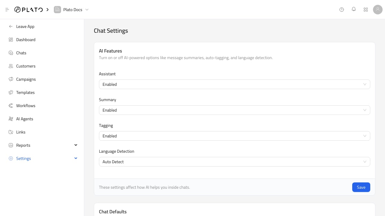 Connect360 chat settings