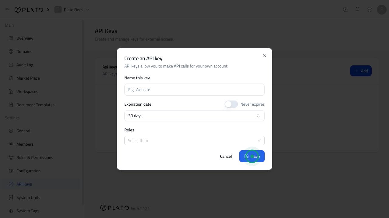 Create API key modal