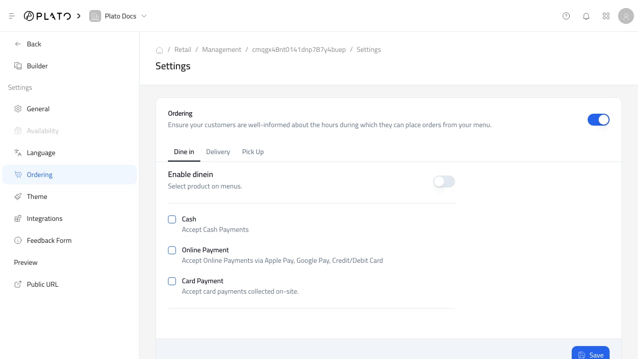 Ordering settings