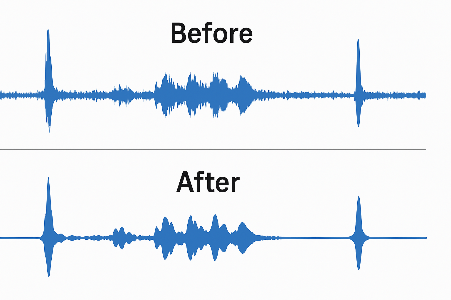 Before and after audio processing, showing the removal of background noise.