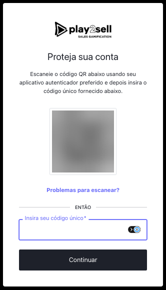 Tela 'Proteja sua conta' com o código QR (borrado nesta imagem) e o campo 'Insira seu código único'