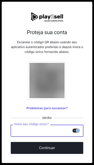 Tela 'Proteja sua conta' com o código QR (borrado nesta imagem) e o campo 'Insira seu código único'