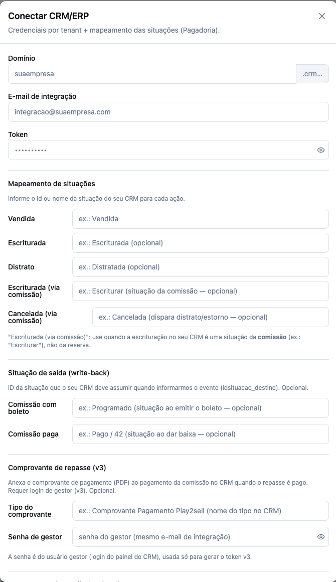 Connect CRM/ERP form: credentials, situation mapping, exit situation, and transfer receipt