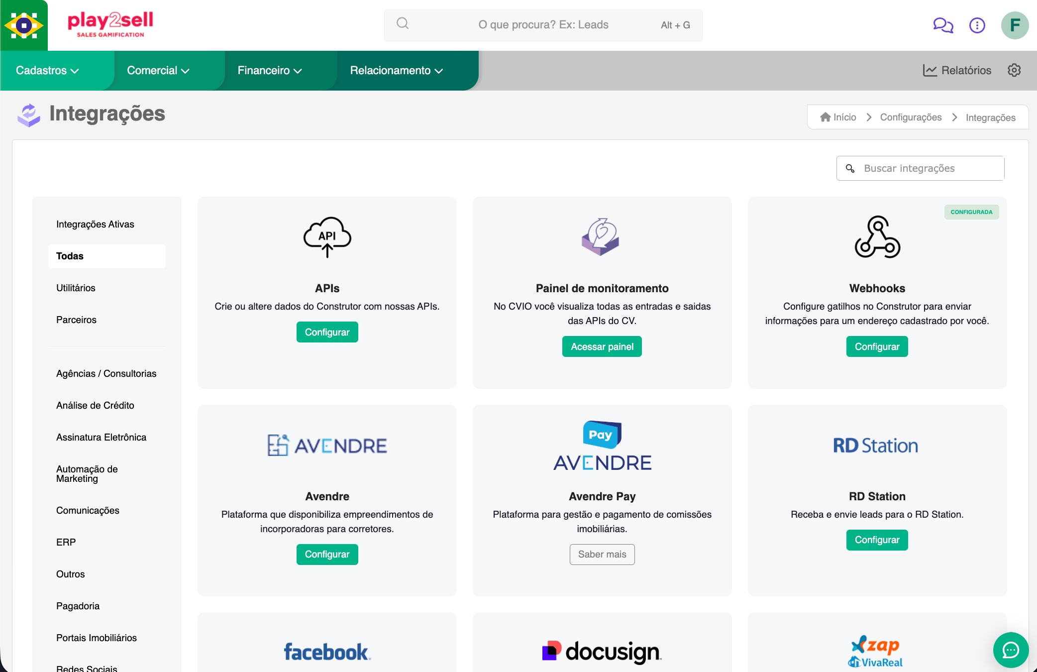 CVCRM Integrations hub with the Webhooks card