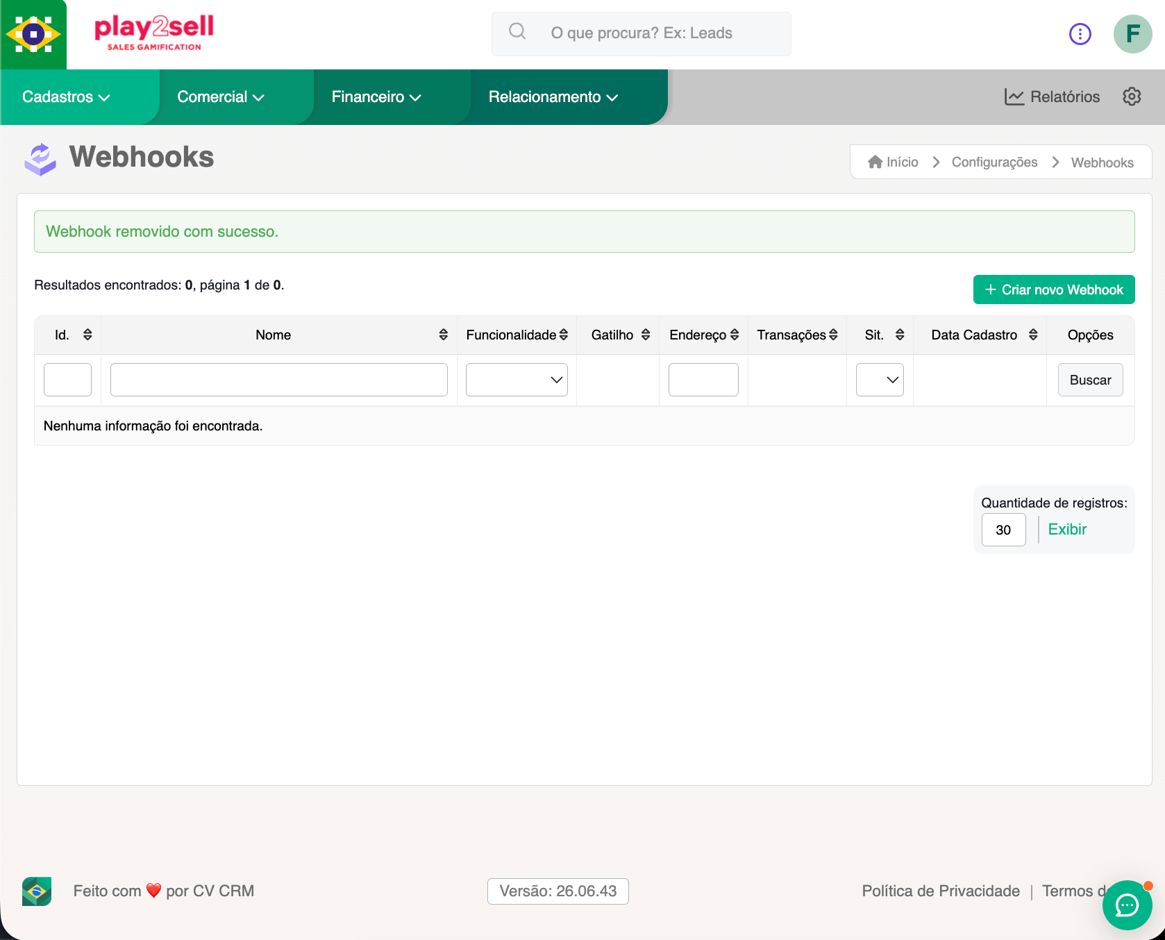 Webhook list in CVCRM