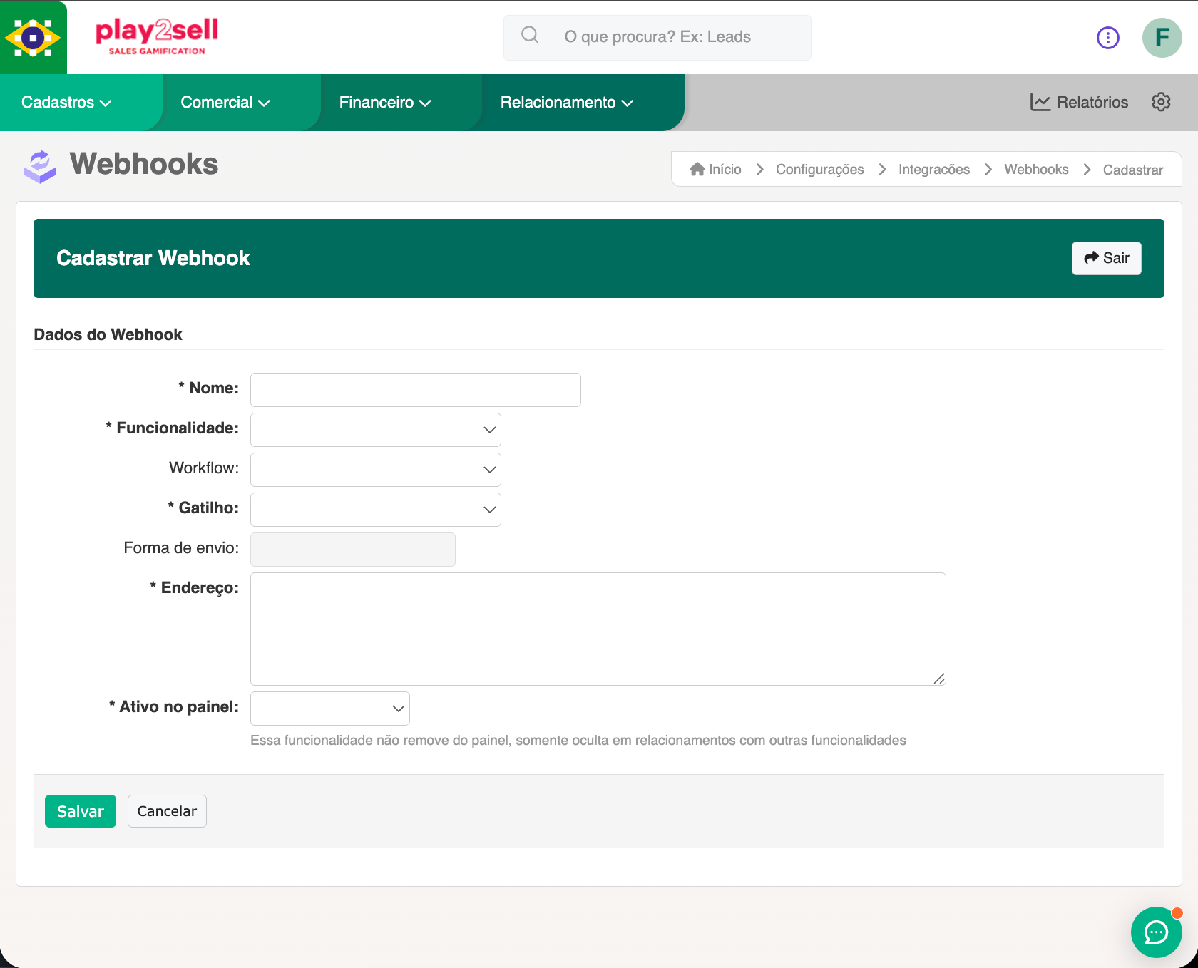 New webhook registration form in CVCRM
