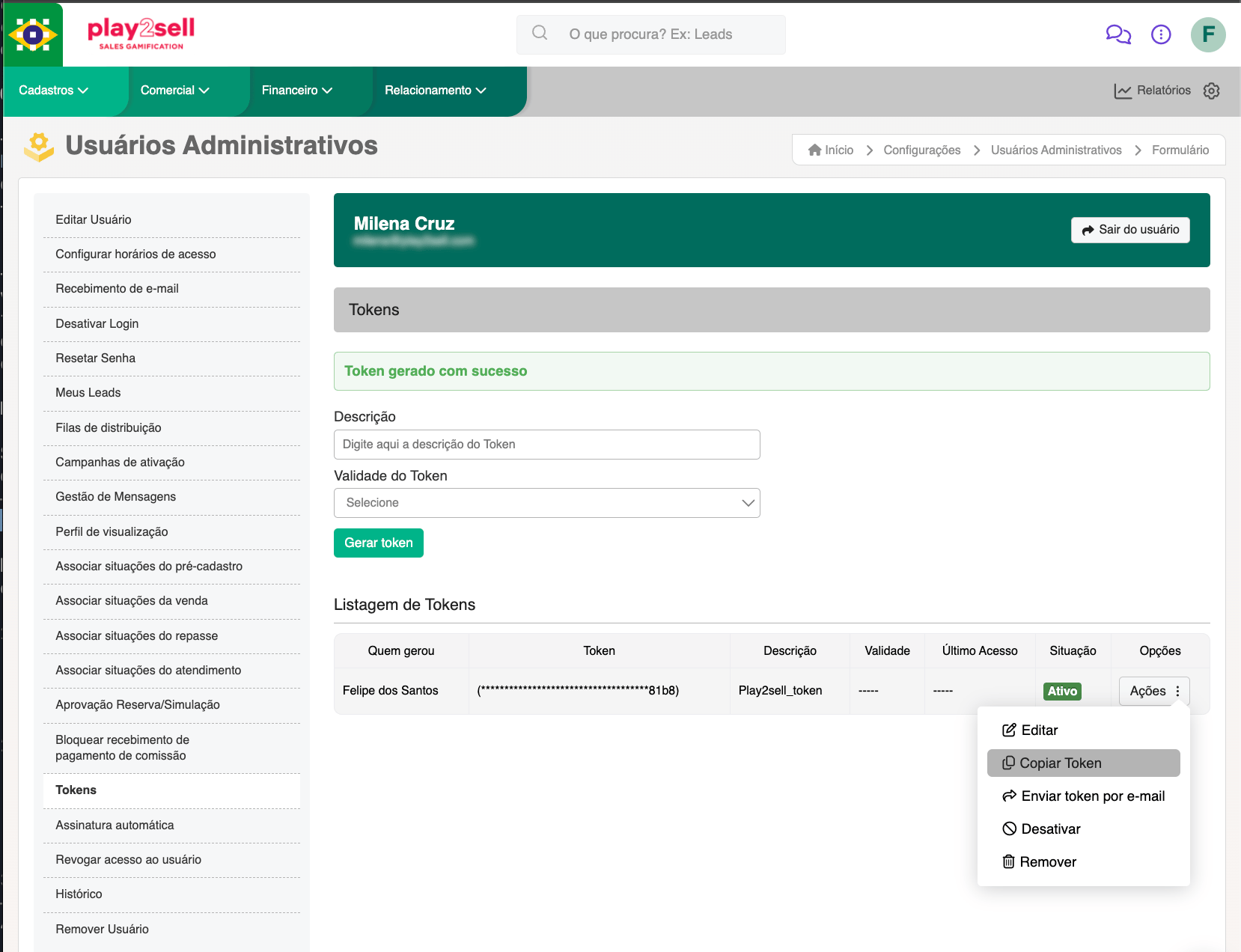 Generating and copying the token in CVCRM (Ações → Copiar Token)