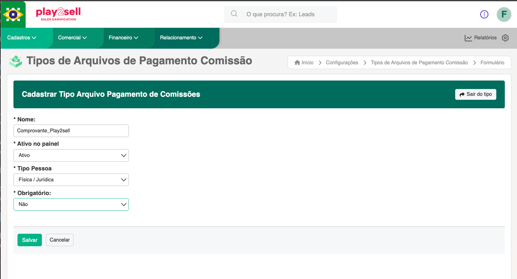 Commission payment file type registration form in CVCRM