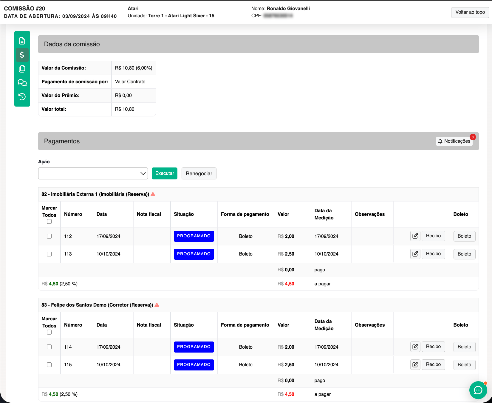 Commission payments in CVCRM with Payment method equal to Boleto