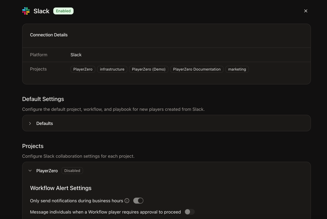 Collaboration settings page showing per-project Slack notification configuration with stage-level channel overrides