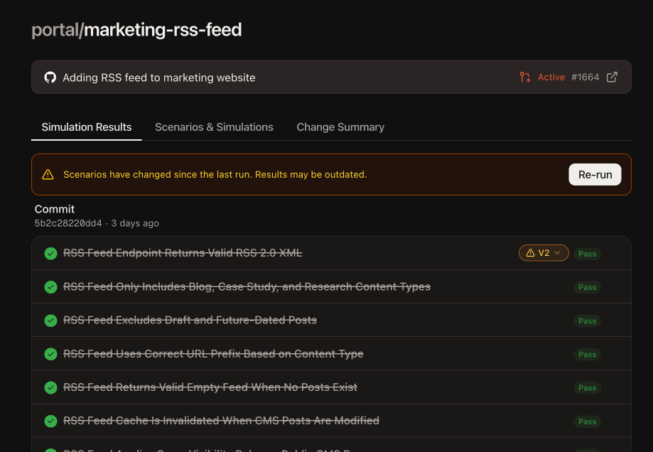 Playlist scenario list showing outdated warning badge with re-run button