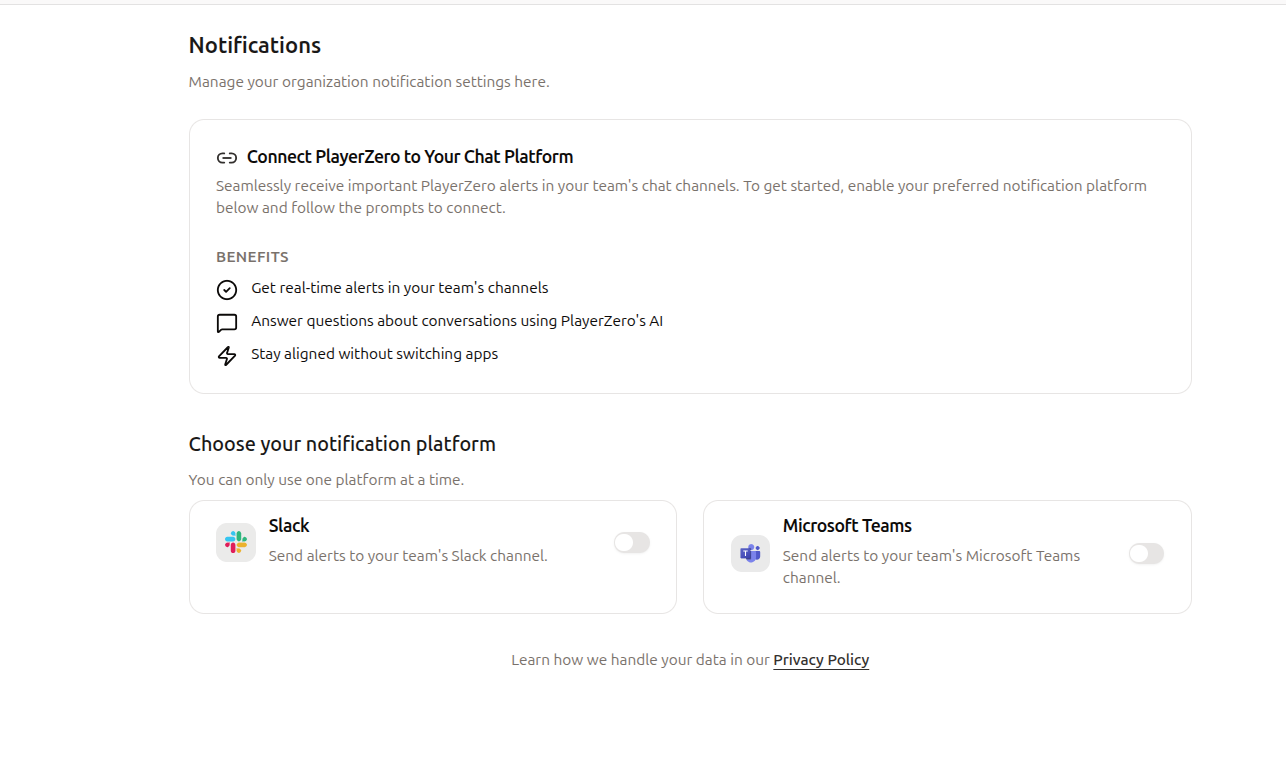 Fig 1 β Connect Slack in PlayerZero Settings