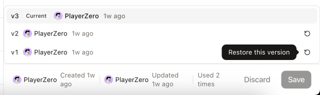 Playbook detail panel showing version history with restore button and usage count