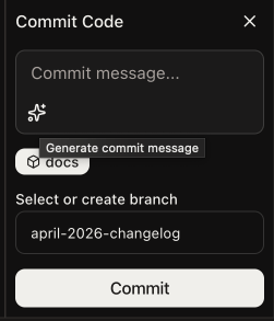 Commit panel with the sparkle button visible next to the commit message textarea and a generated message populated in the field