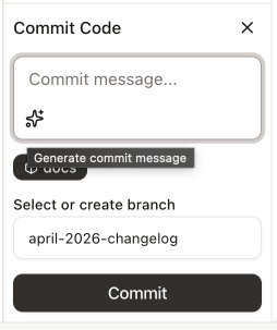 Commit panel with the sparkle button visible next to the commit message textarea and a generated message populated in the field