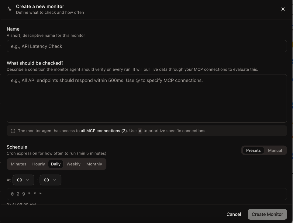 Monitor creation dialog with a plain-language invariant and a monitor result detail view showing the Investigate with Player button