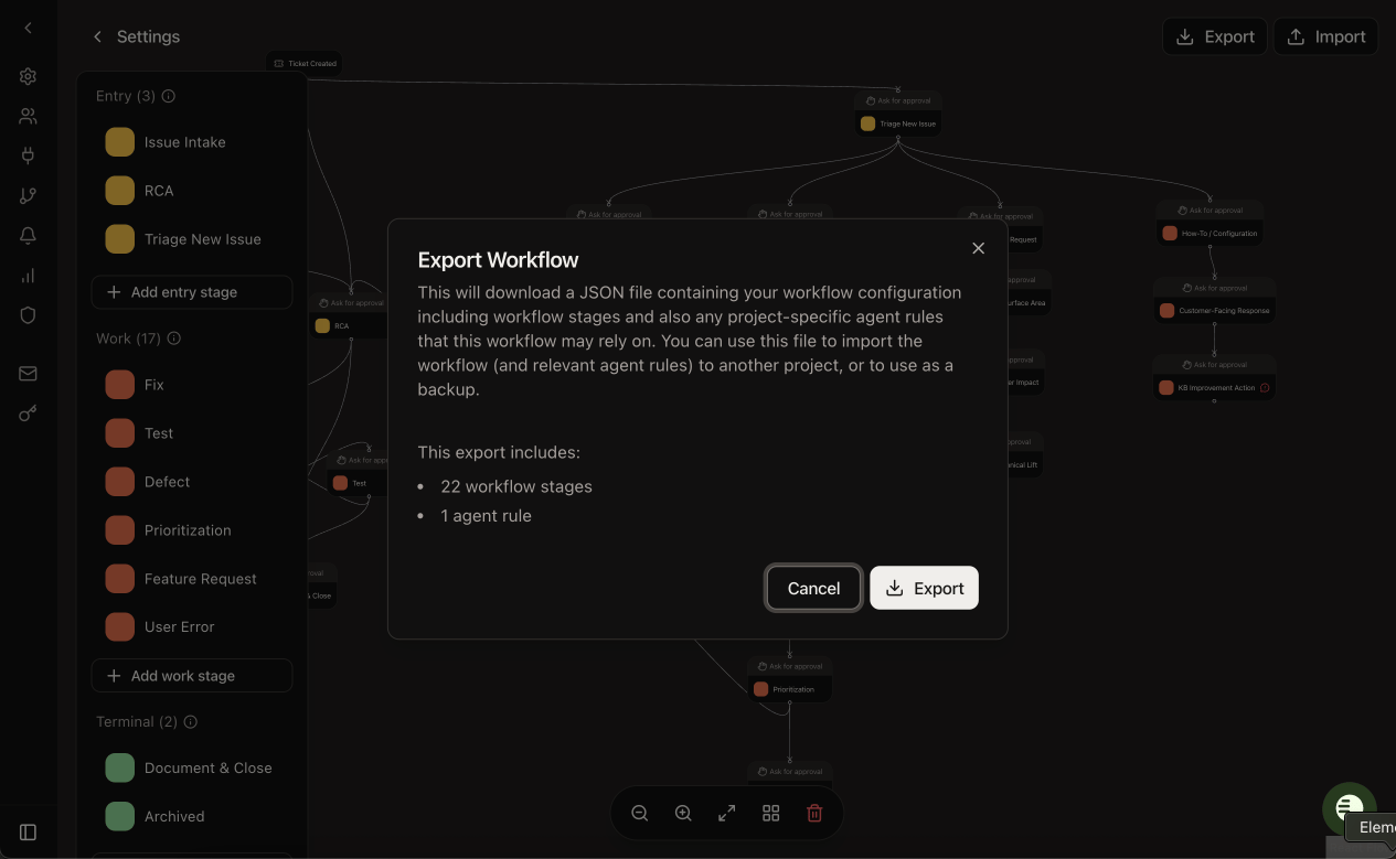 Stages page showing Export Workflow button and Import dialog