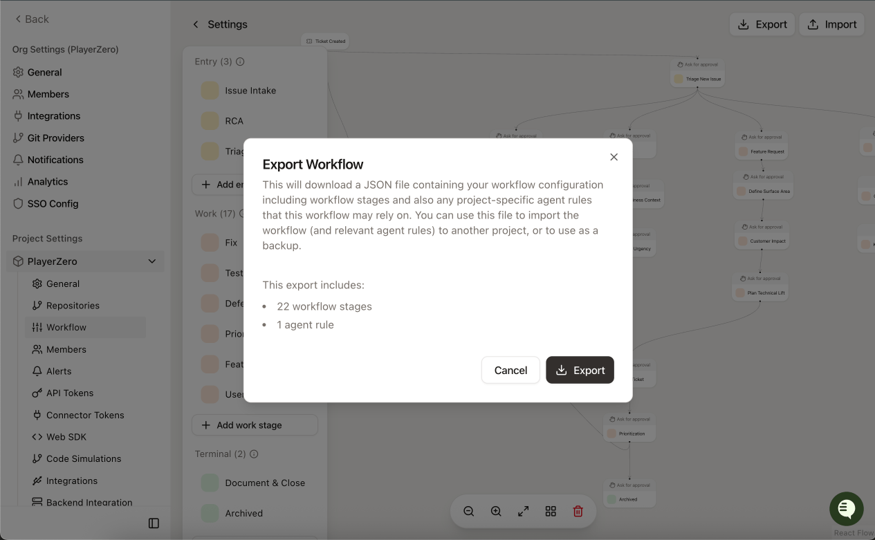 Stages page showing Export Workflow button and Import dialog