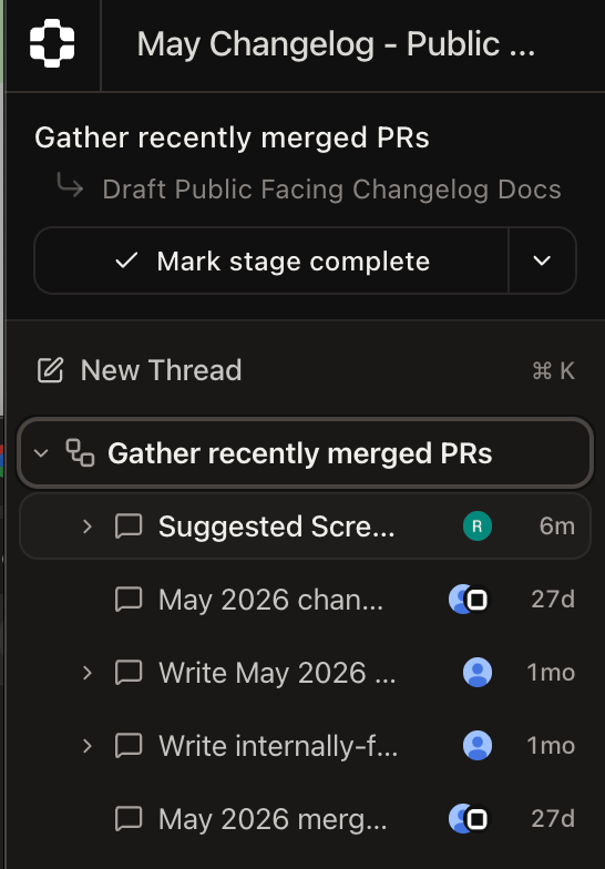 A channel showing multiple threads running in parallel, grouped under a single workflow