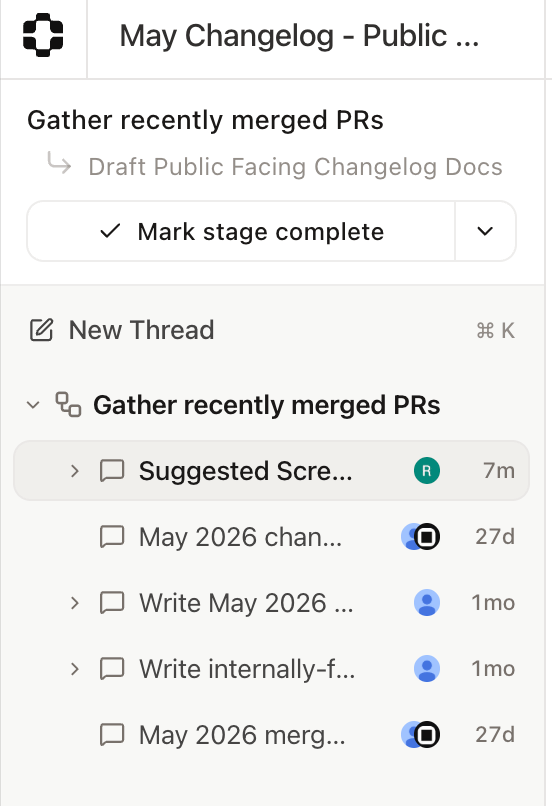 A channel showing multiple threads running in parallel, grouped under a single workflow