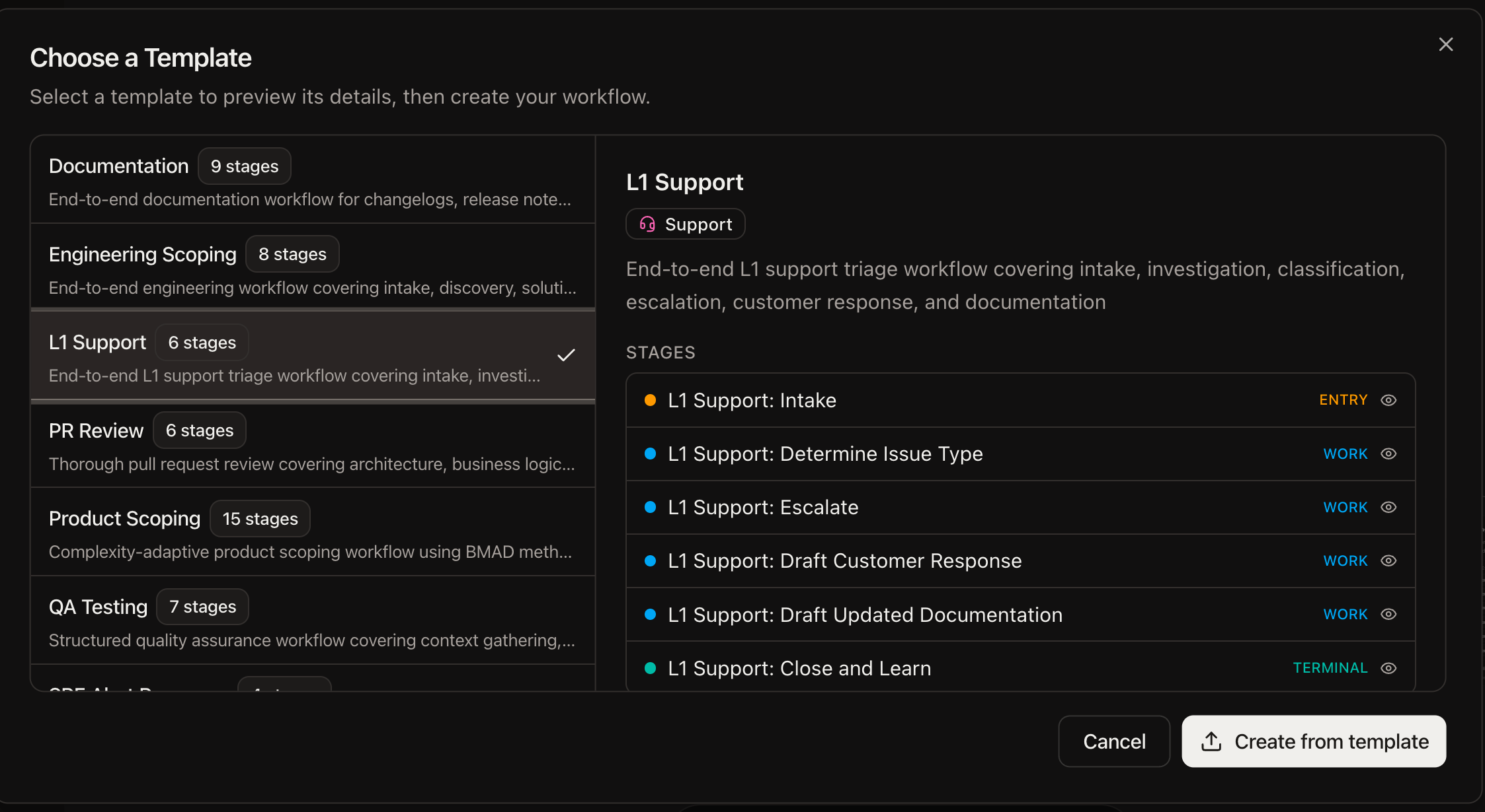 The Choose a Template dialog listing built-in workflow templates with a selected template's stages previewed