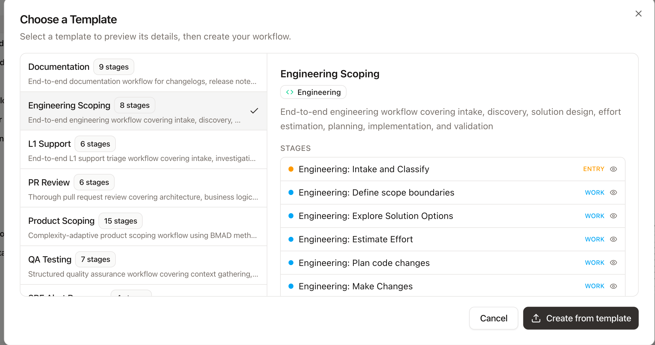 The Choose a Template dialog listing built-in workflow templates with a selected template's stages previewed