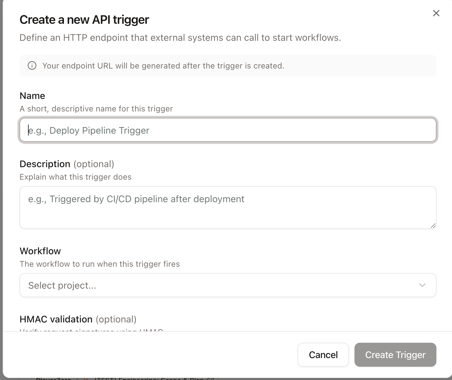 The Create a new API trigger dialog with fields for name, description, workflow, and HMAC validation