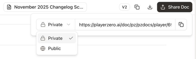 Player artifact panel with Private/Public toggle and shareable link