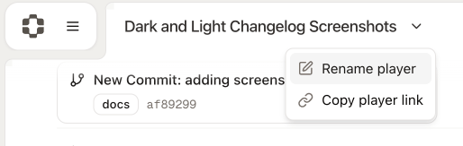 Player title bar with rename dropdown and modal dialog