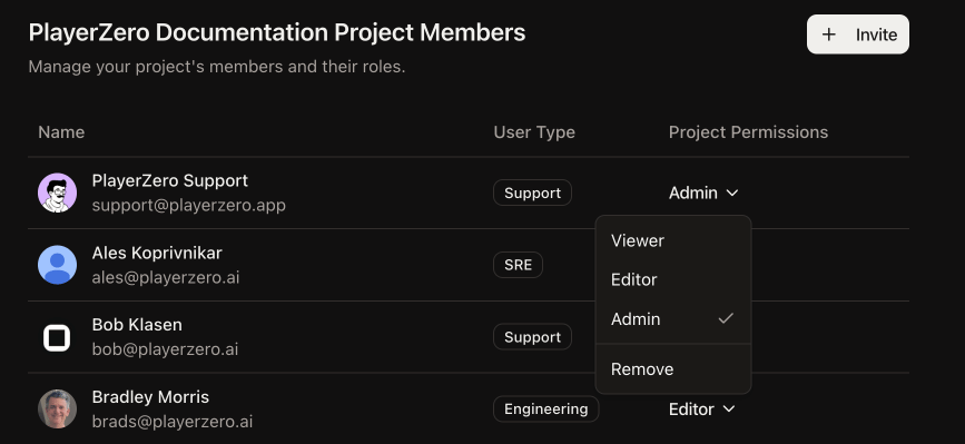 Org members table showing the Projects column and the Add Projects dialog with role selection per project