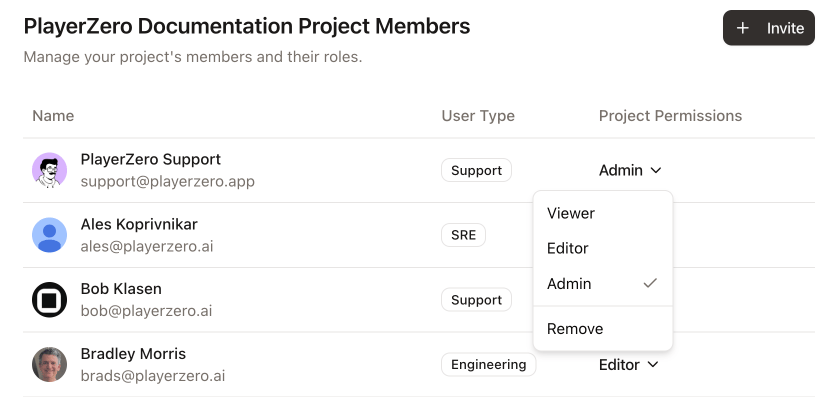 Org members table showing the Projects column and the Add Projects dialog with role selection per project