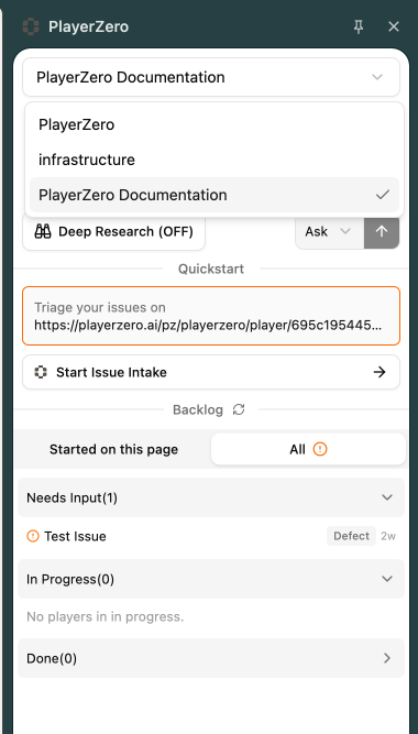 Chrome Extension sidebar showing project dropdown selector and Backlog view
