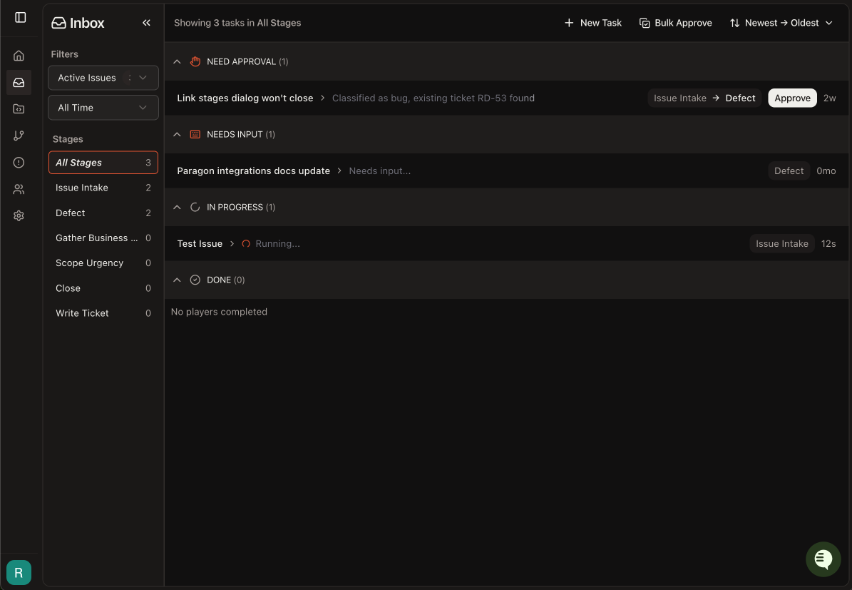 Workflow Inbox page showing stage sidebar with counts and Player list grouped by status