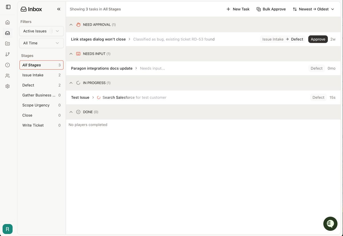 Workflow Inbox page showing stage sidebar with counts and Player list grouped by status