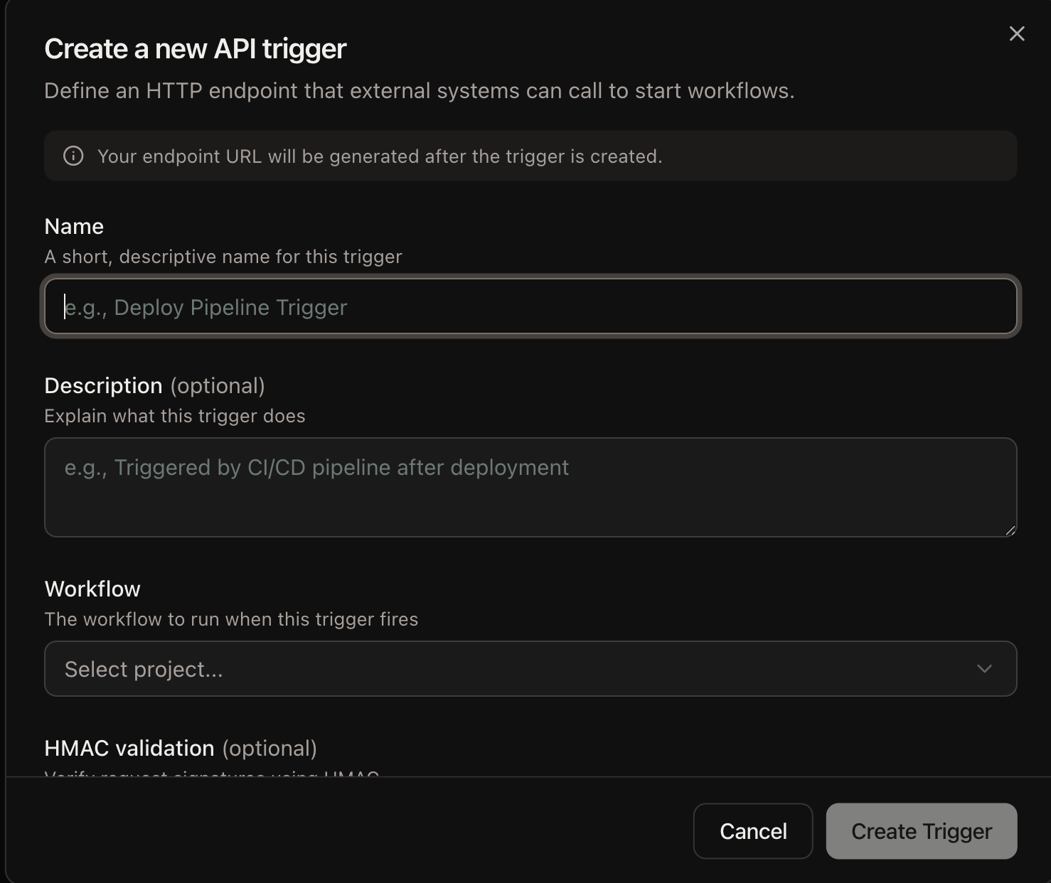 The Create a new API trigger dialog with fields for name, description, workflow, and HMAC validation