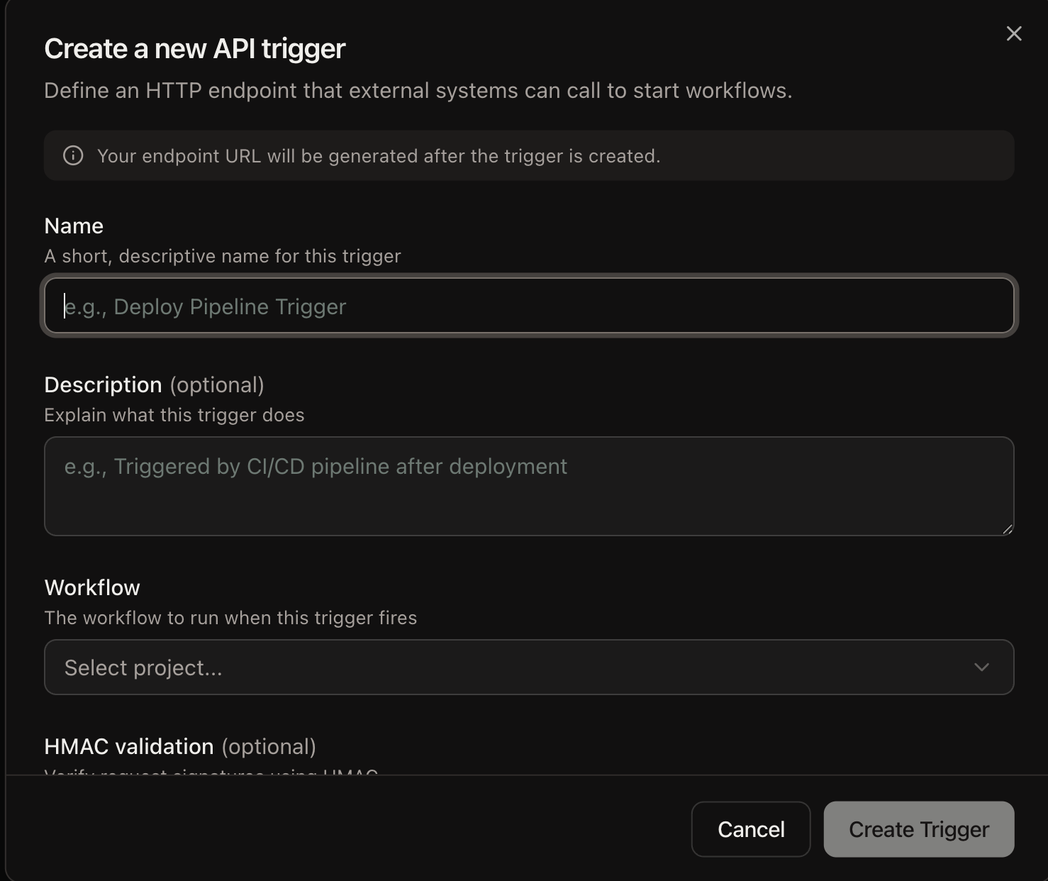 The Create a new API trigger dialog with fields for name, description, workflow, and HMAC validation