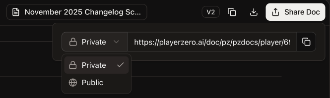 Player artifact panel with Private/Public toggle and shareable link