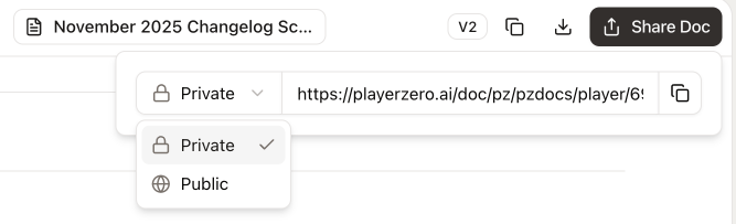 Player artifact panel with Private/Public toggle and shareable link