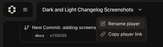 Player title bar with rename dropdown and modal dialog