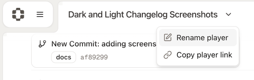 Player title bar with rename dropdown and modal dialog