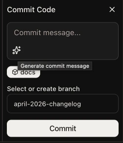 Commit panel with the sparkle button visible next to the commit message textarea and a generated message populated in the field