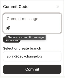 Commit panel with the sparkle button visible next to the commit message textarea and a generated message populated in the field