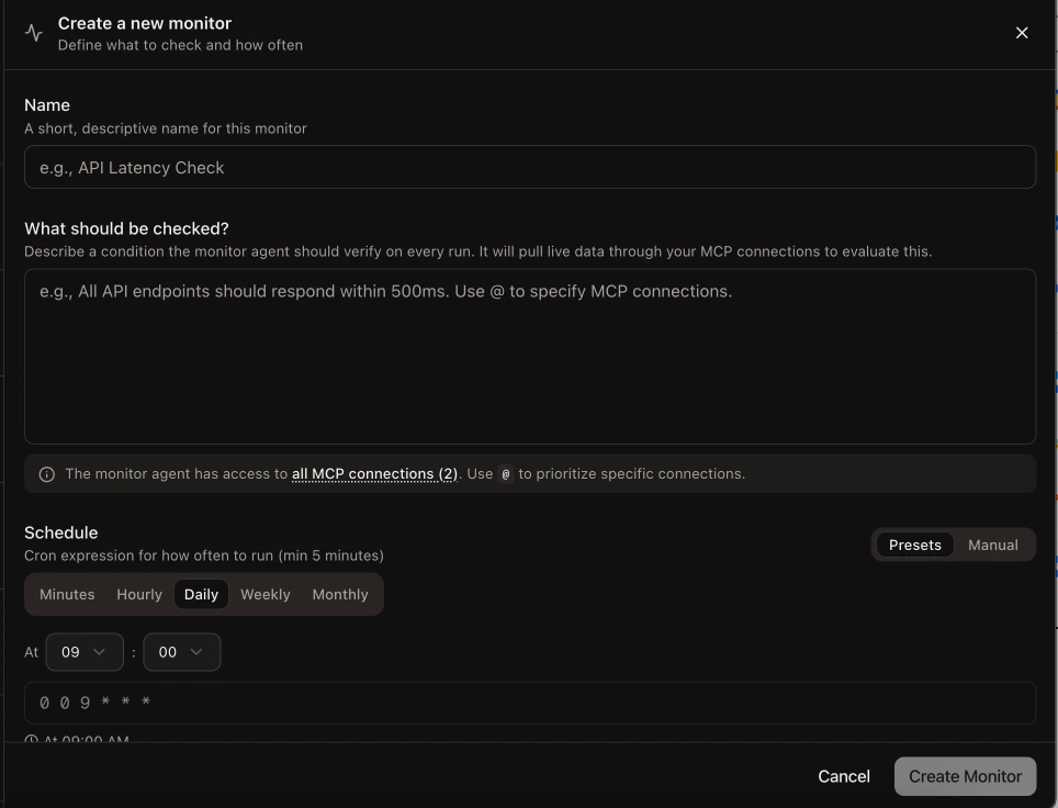Monitor creation dialog with a plain-language invariant and a monitor result detail view showing the Investigate with Player button
