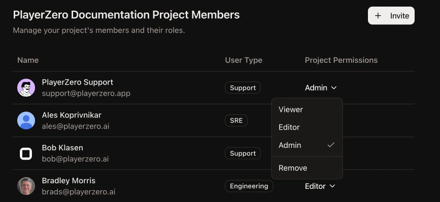 Org members table showing the Projects column and the Add Projects dialog with role selection per project