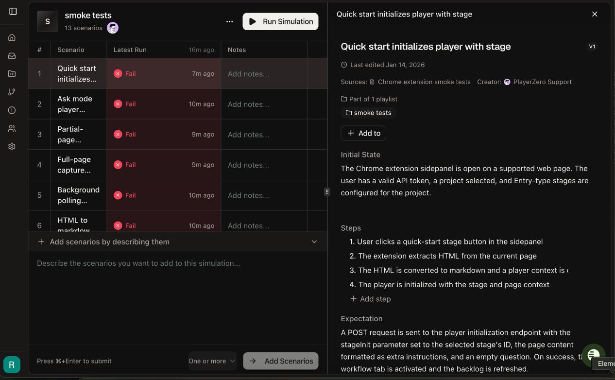 Simulations page showing two-panel layout with scenario table on left and detail panel on right