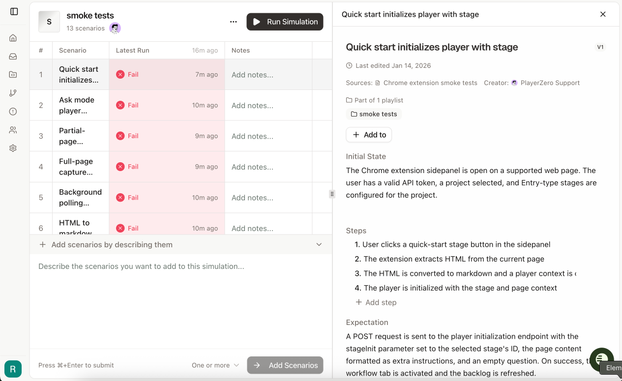 Simulations page showing two-panel layout with scenario table on left and detail panel on right