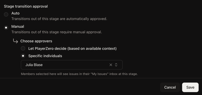 Stage configuration panel showing Approval Configuration with radio buttons and team member selector
