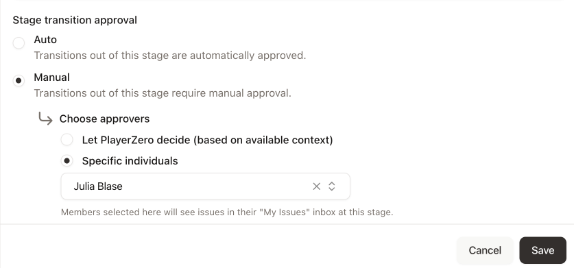 Stage configuration panel showing Approval Configuration with radio buttons and team member selector