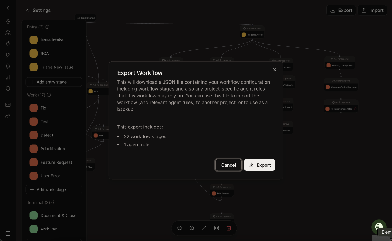 Stages page showing Export Workflow button and Import dialog
